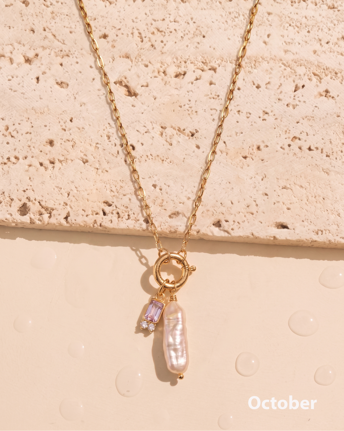 Olivia Birthstone Birth Month Color Zircon Long Pearl Dual Pendant Thin Link Chain Gold Necklace