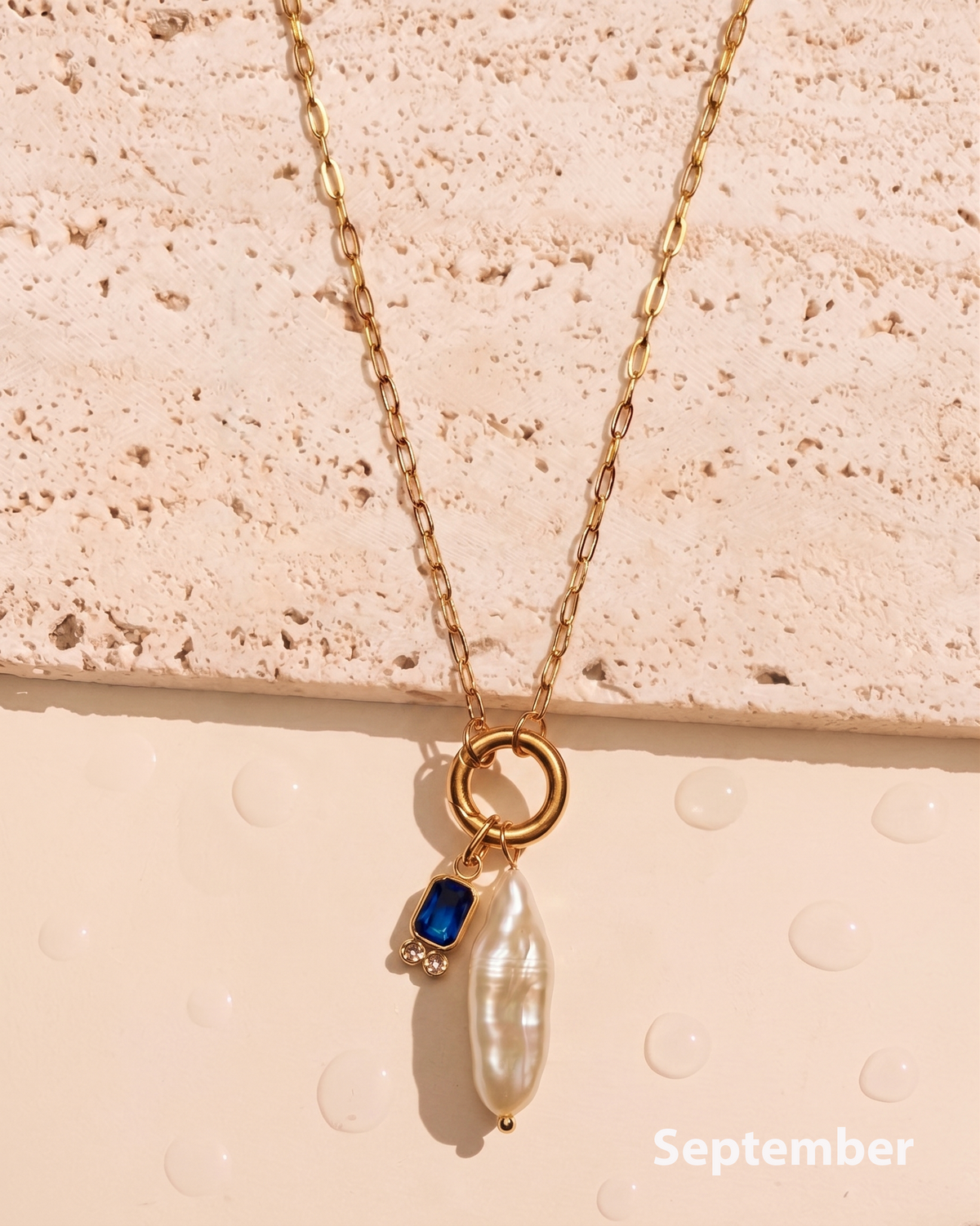 Olivia Birthstone Birth Month Color Zircon Long Pearl Dual Pendant Thin Link Chain Gold Necklace