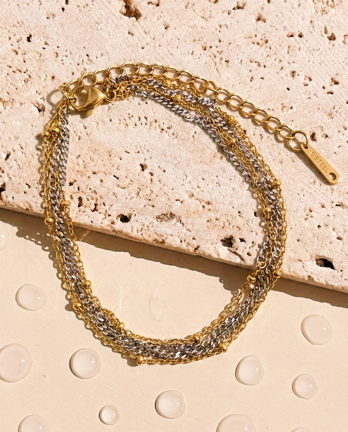 Ollie Two Tone Quad Layer Gold Ball Beaded Thin Curb Chain Silver Thin Cuban Chain Alternate Design Bracelet