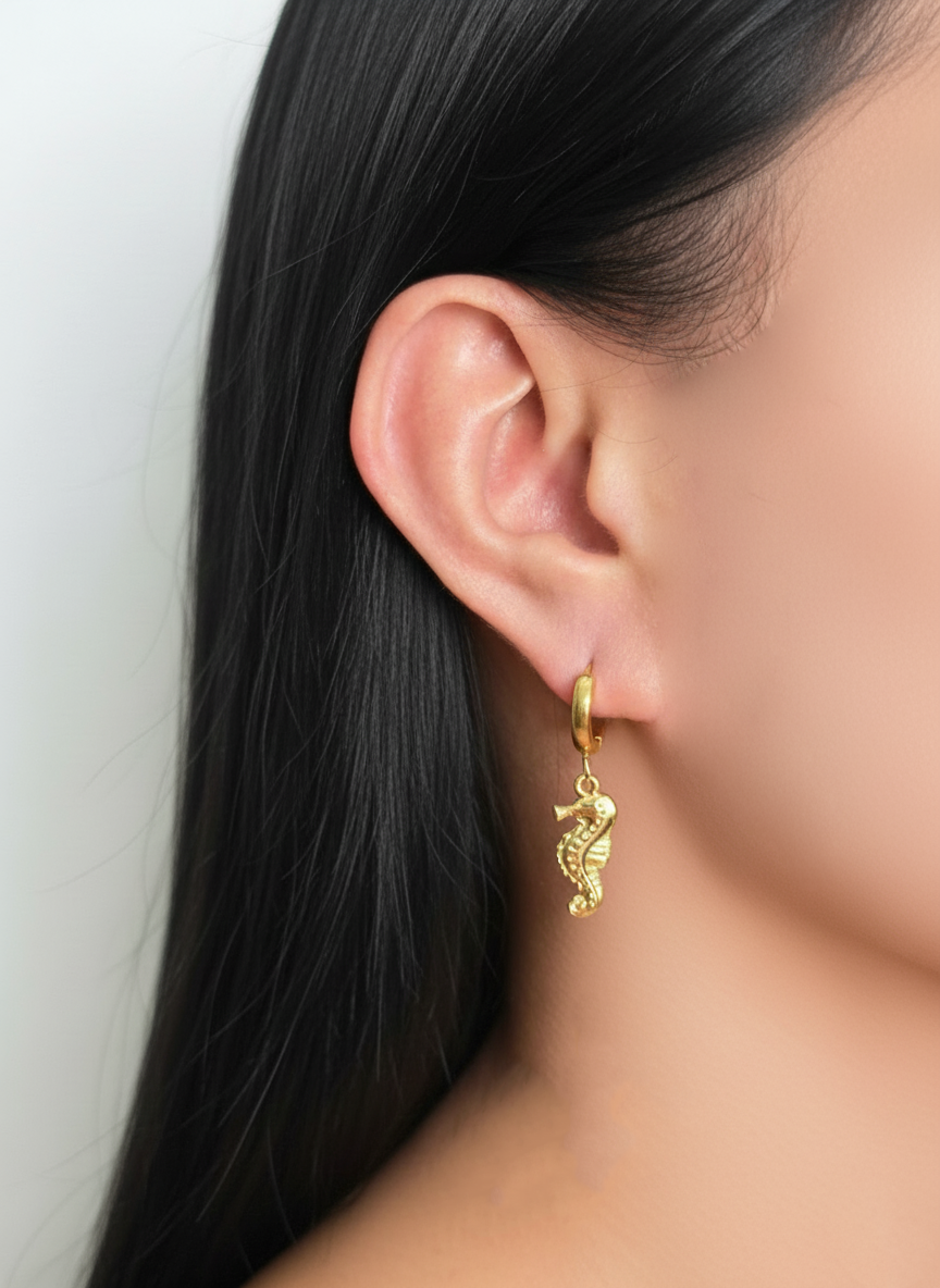 Parvella Thin Round Huggie Seahorse Shaped Gold Drop Earrings