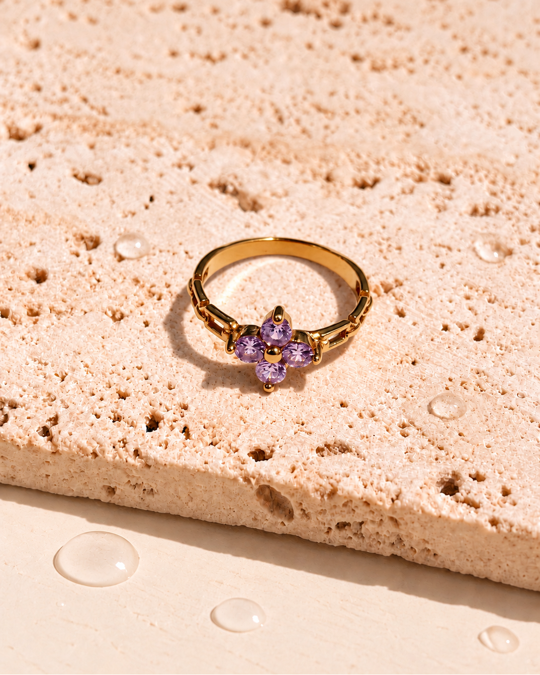 Pattie (Pink) Zircon Clover Leaf Flower Chain Top Head Design Gold Ring
