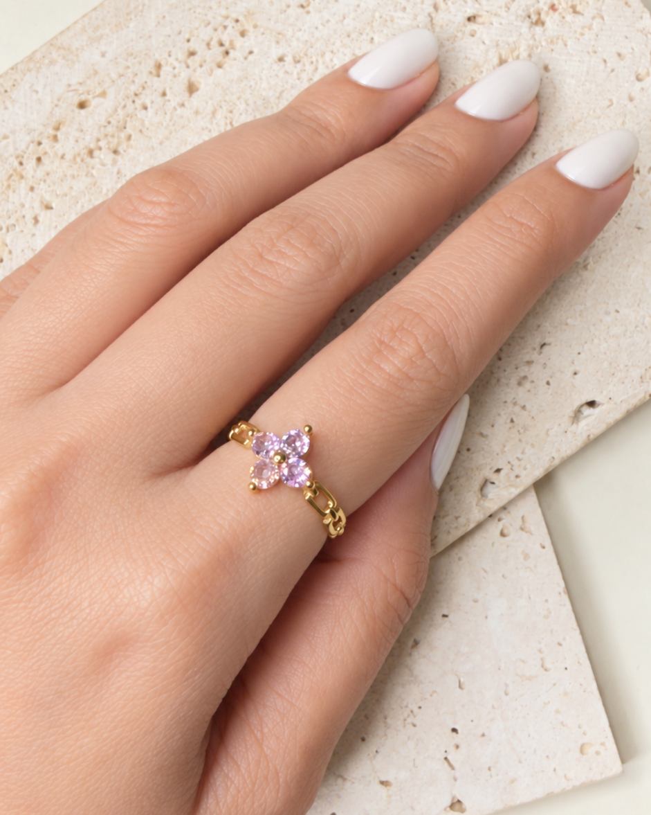 Pattie (Pink) Zircon Clover Leaf Flower Chain Top Head Design Gold Ring