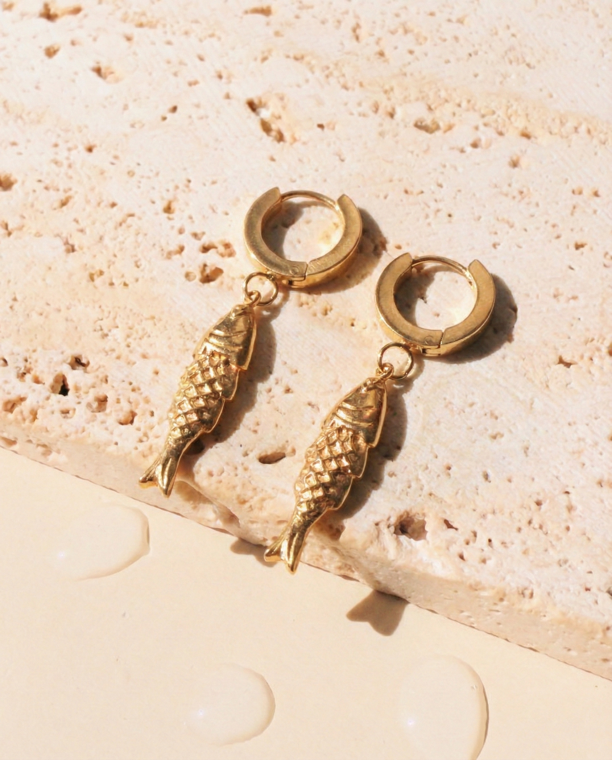 Perylia Thin Round Huggie Fish Shaped Gold Drop Earrings