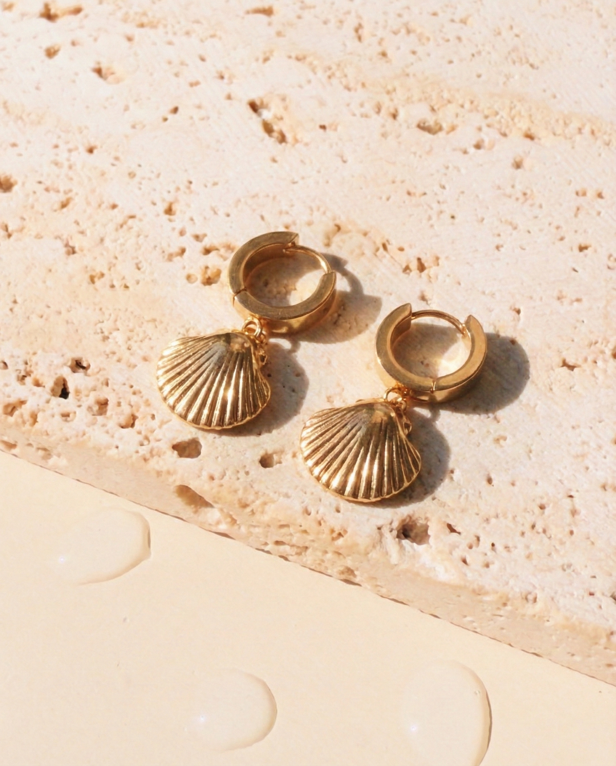 Pranaya Thin Round Huggie Seashell Shaped Gold Drop Earrings