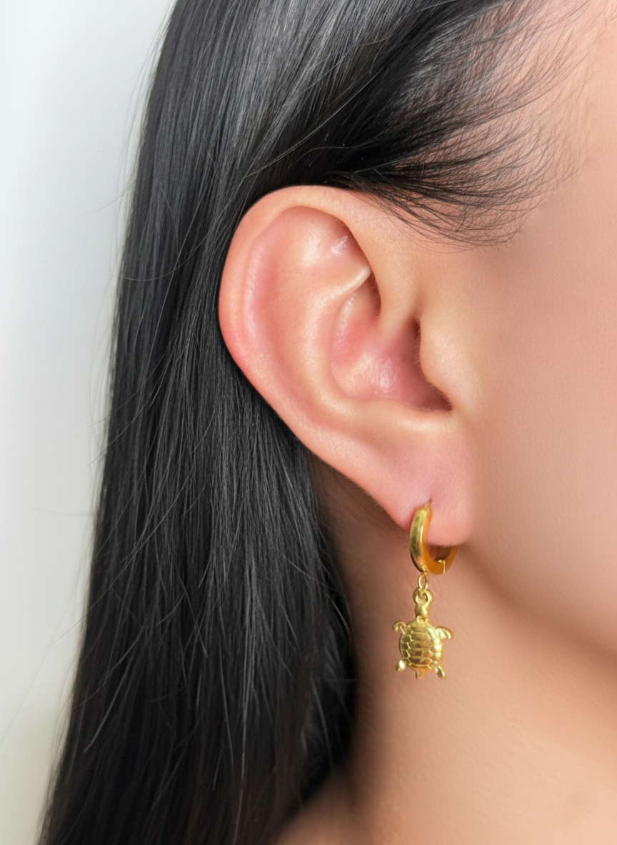 Pravira Thin Round Huggie Sea Turtle Shaped Gold Drop Earrings