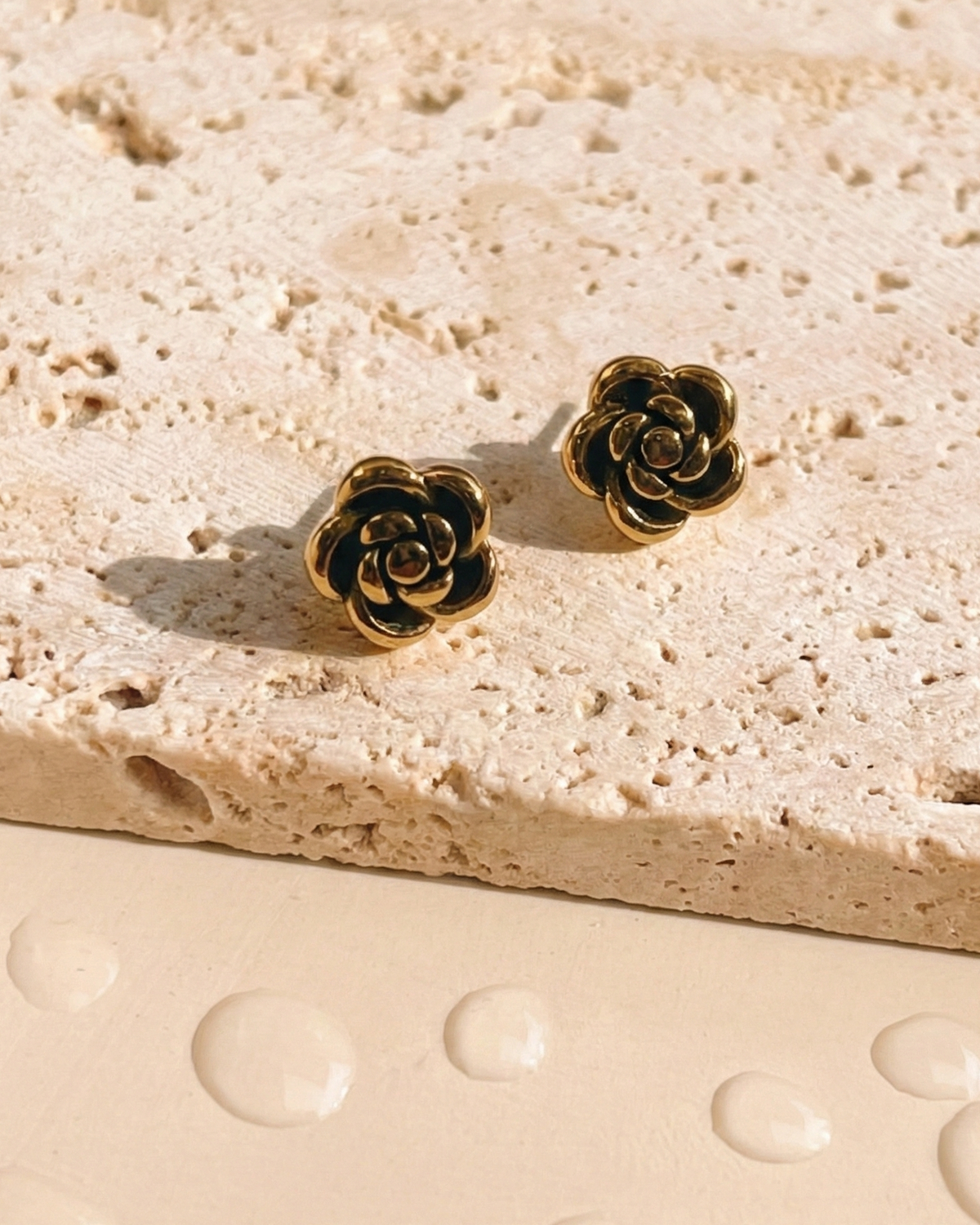 Rosamund Carved Rose Flower Dainty Gold Stud Earrings