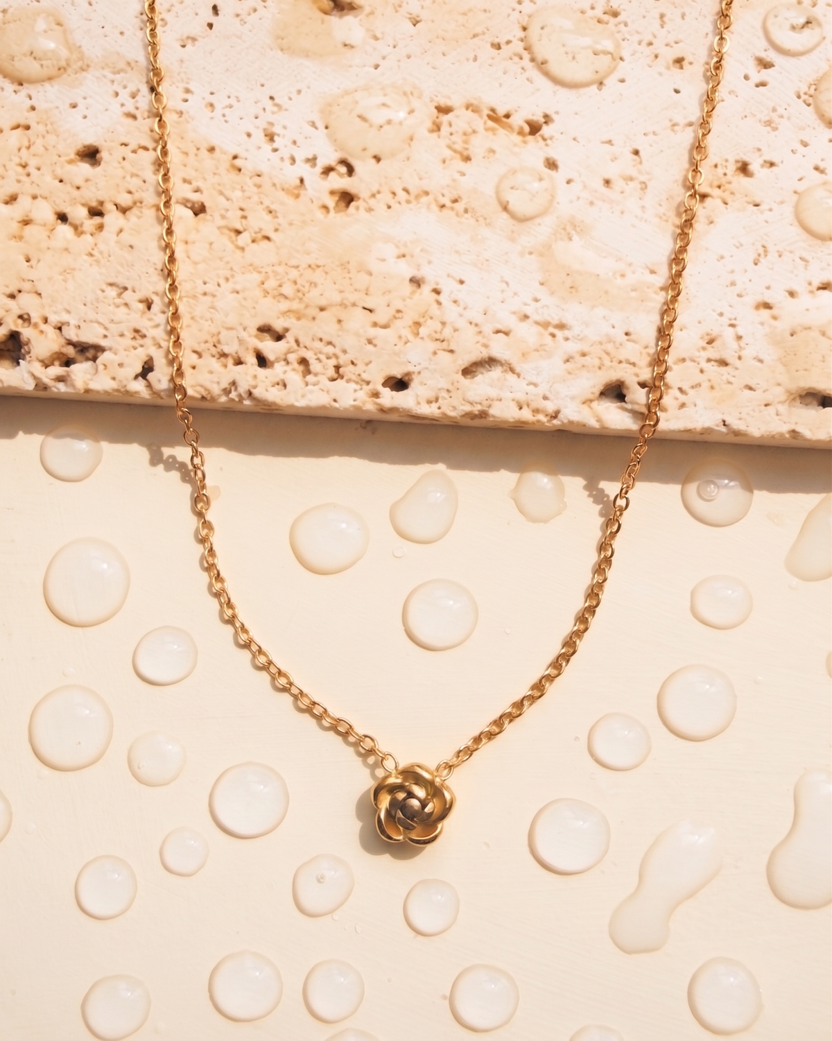Rowena Carved Rose Flower Pendant Thin Link Chain Gold Necklace
