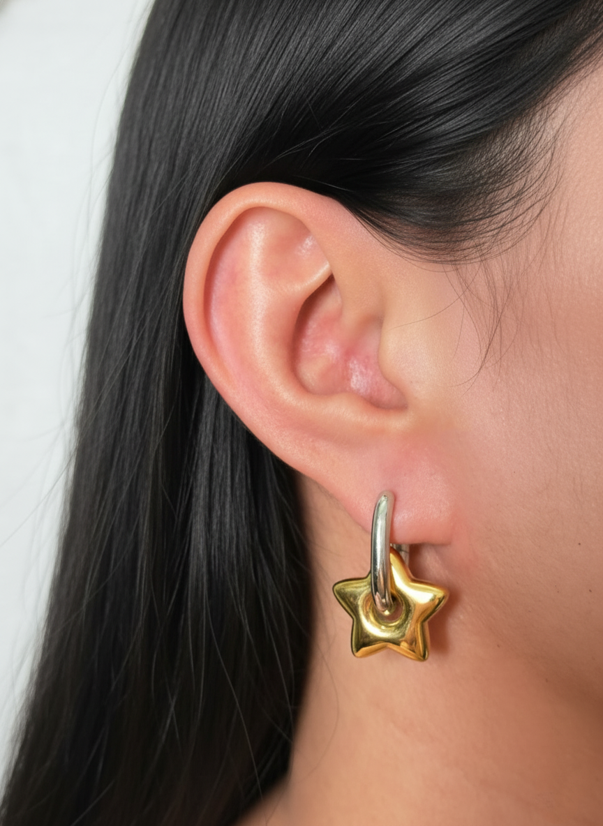 Ryvelle Two Tone Silver Thin U-Shaped Hoop Gold Thick Star Shaped Dangle Drop Earrings