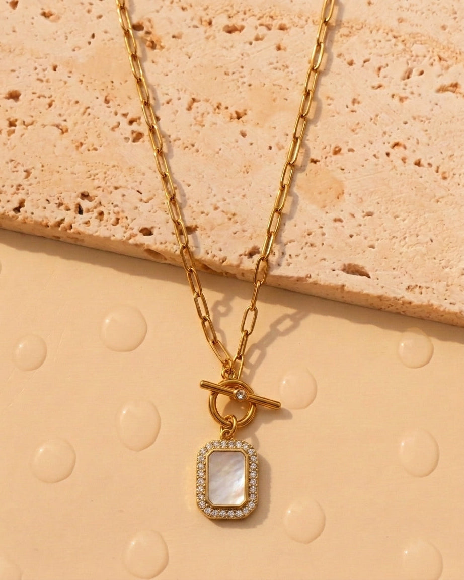 Saige Zircon Paved Frame Shell Rectangular Mirror Shaped Pendant OT Zircon Lock Small Thin Paperclip Chain Gold Necklace