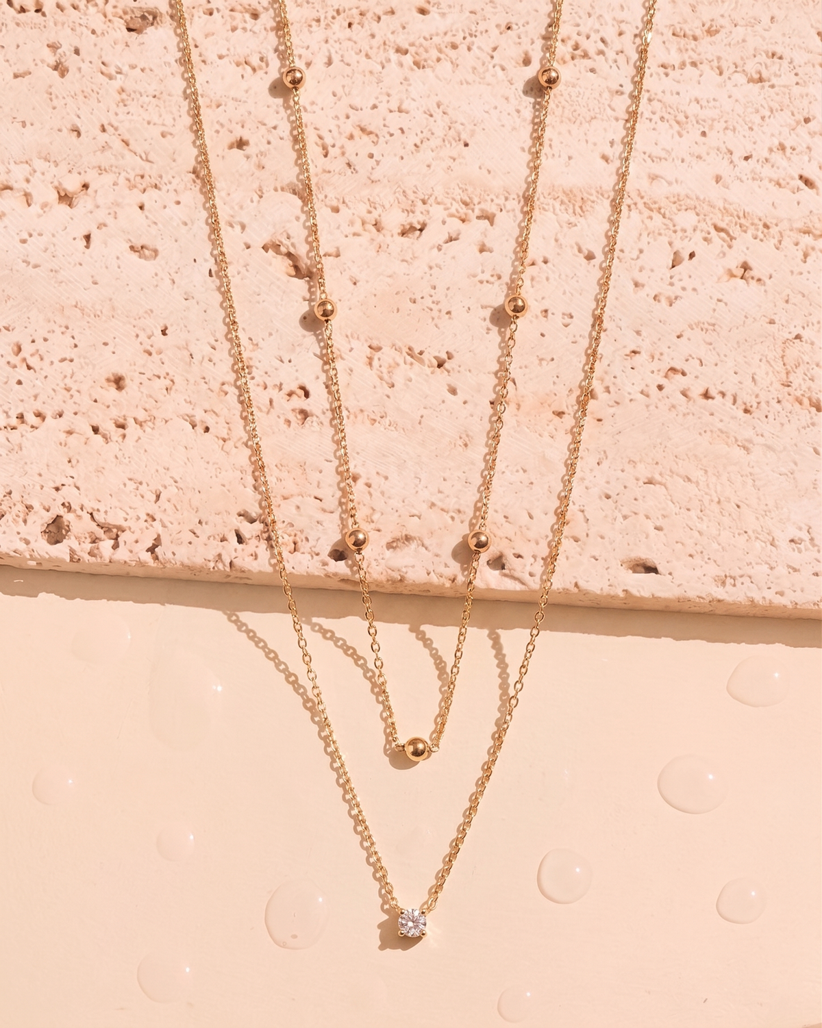 Selene (Gold) Dual Layer Beaded Chain Zircon Pendant Thin Link Chain Gold Necklace