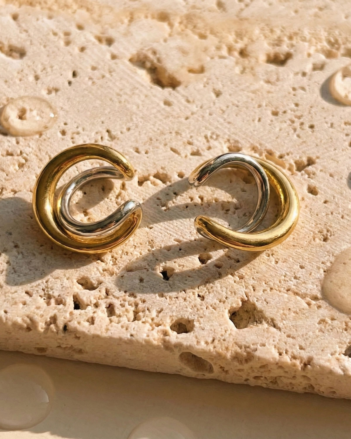 Seraphine Two Tone Silver Gold Double Layer Thick Flowy Asymmetrical Design Layered Look Cuff Earrings