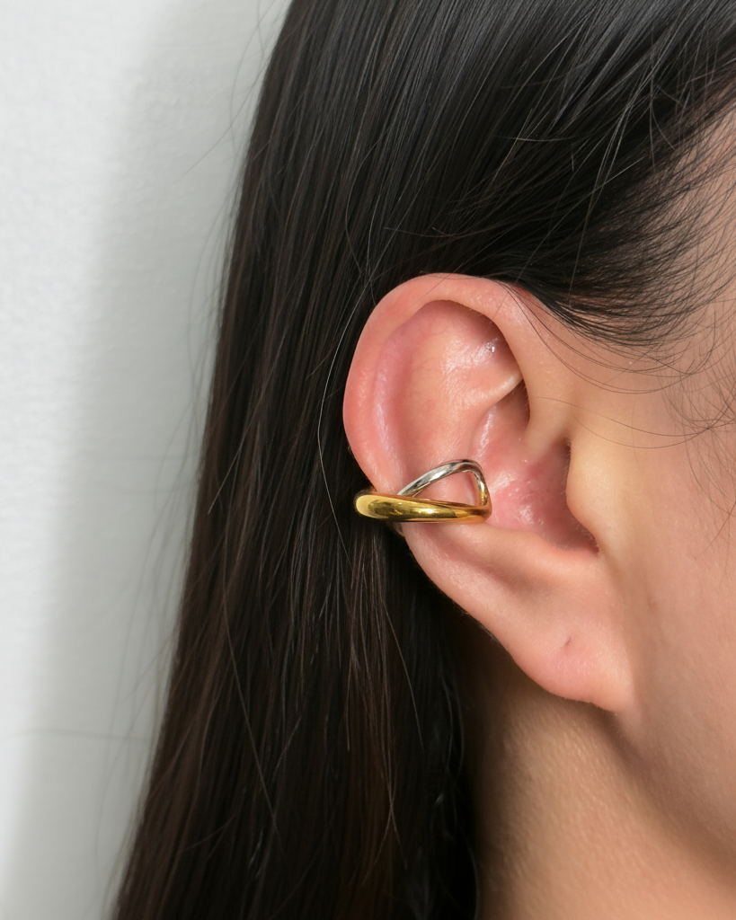 Seraphine Two Tone Silver Gold Double Layer Thick Flowy Asymmetrical Design Layered Look Cuff Earrings