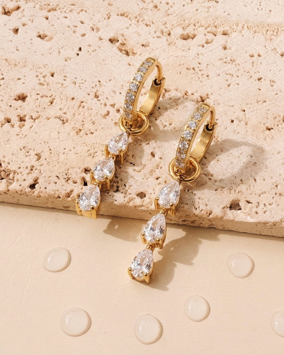 Sigrid (Gold) Zircon Paved Huggies Stacked Triple Zircon Waterdrop Shaped Bezel Set Gold Drop Earrings