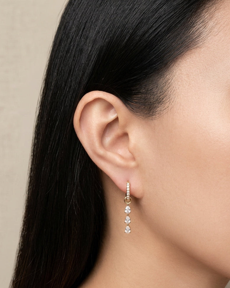 Sigrid (Gold) Zircon Paved Huggies Stacked Triple Zircon Waterdrop Shaped Bezel Set Gold Drop Earrings