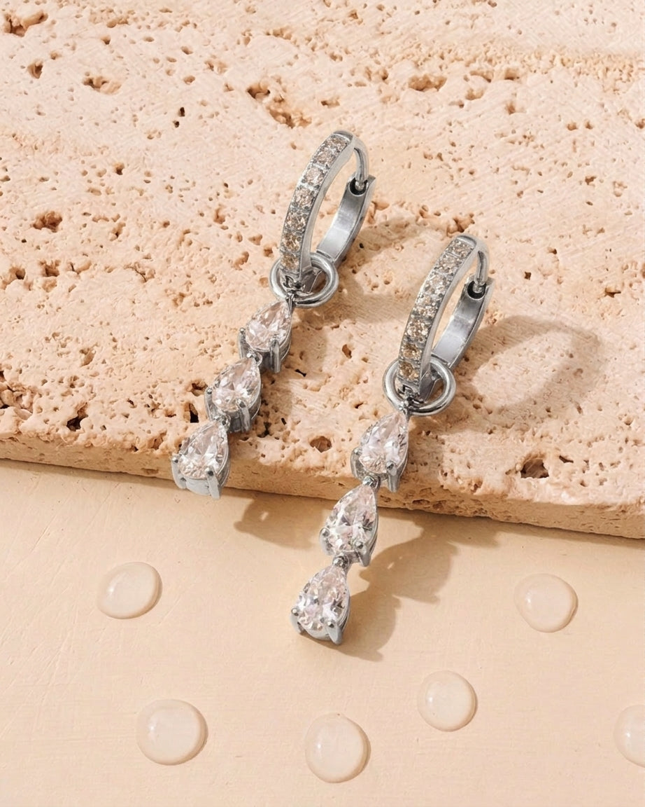 Sigrid (Silver) Zircon Paved Huggies Stacked Triple Zircon Waterdrop Shaped Bezel Set Drop Earrings