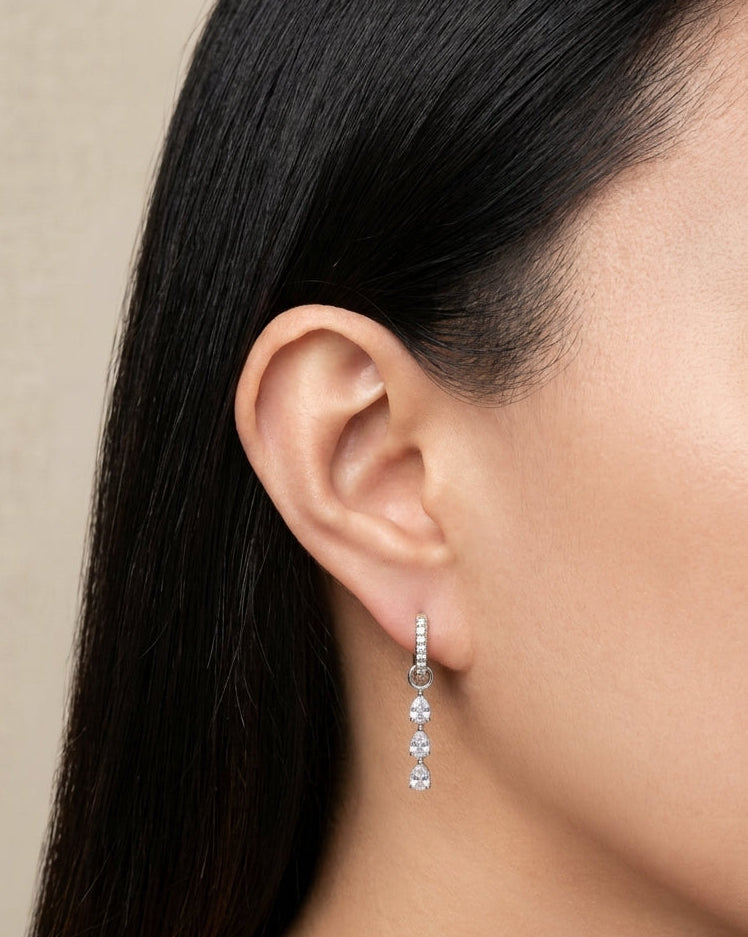 Sigrid (Silver) Zircon Paved Huggies Stacked Triple Zircon Waterdrop Shaped Bezel Set Drop Earrings