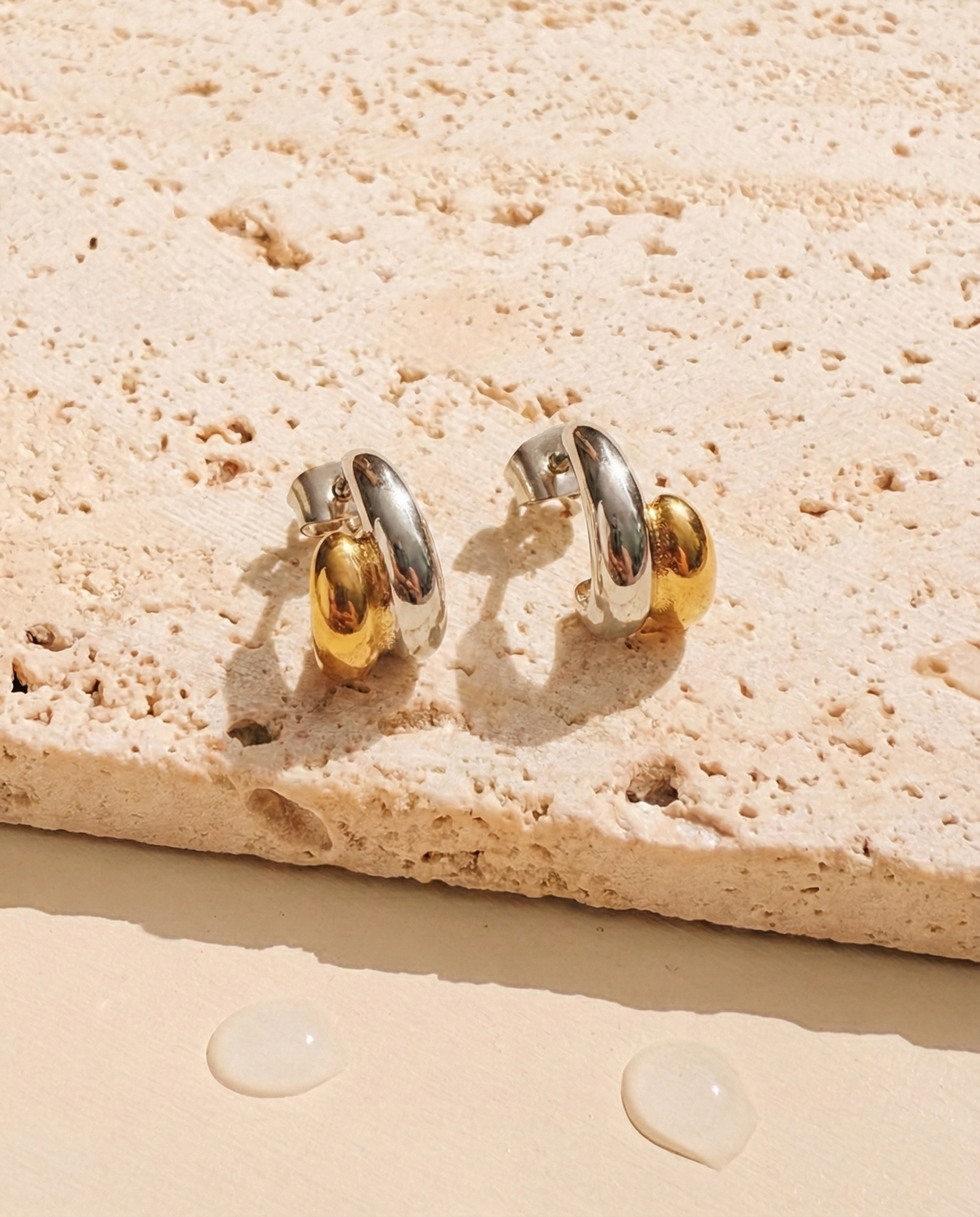 Siraevyn (Two Tone) Double Layer C-Shaped Stacked Silver Half Gold Studs Earrings