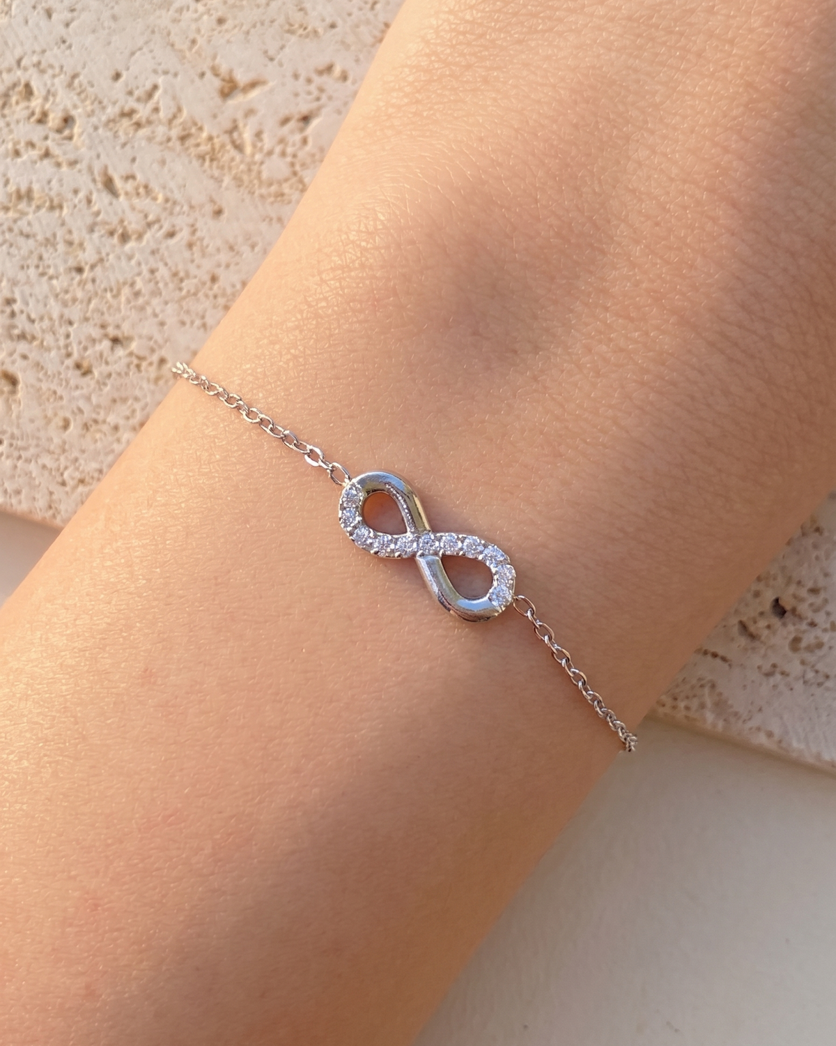 Solana (Silver) Zircon Paved Half Side Hollow Infinity Shaped Pendant Classic Thin Link Chain Silver Bracelet