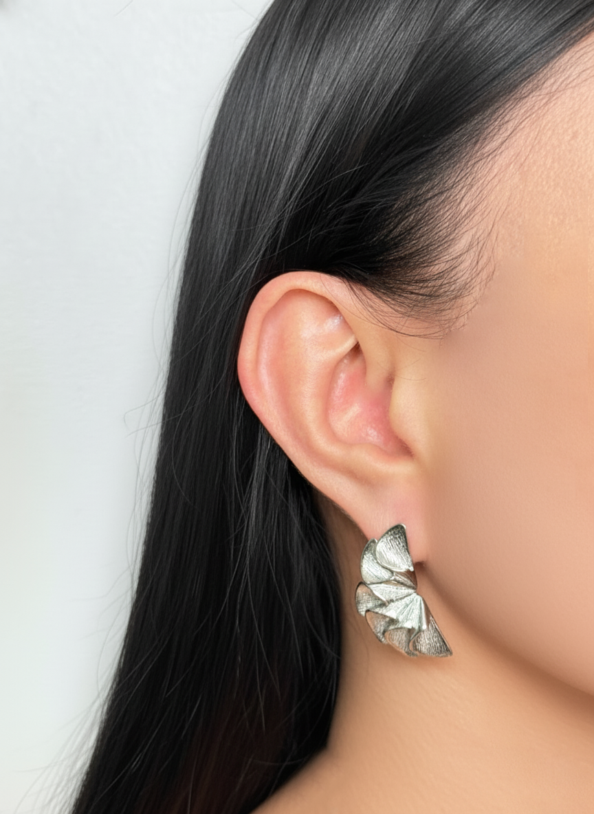 Sorelyn (Silver) Fan Shaped Pleated Petal Design Studs
