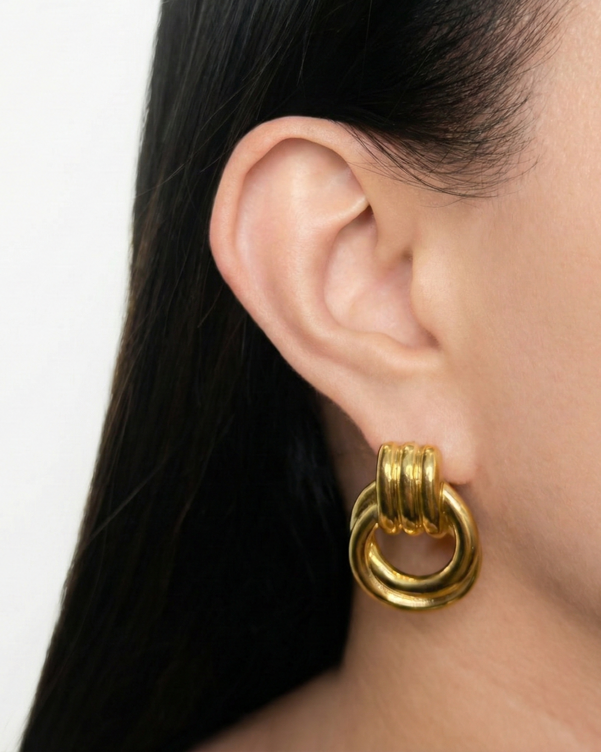 Syllira (Gold) Triple Layer Stacked Stud Hoop Dual Ring Dangle Door Handle Design Drop Earrings