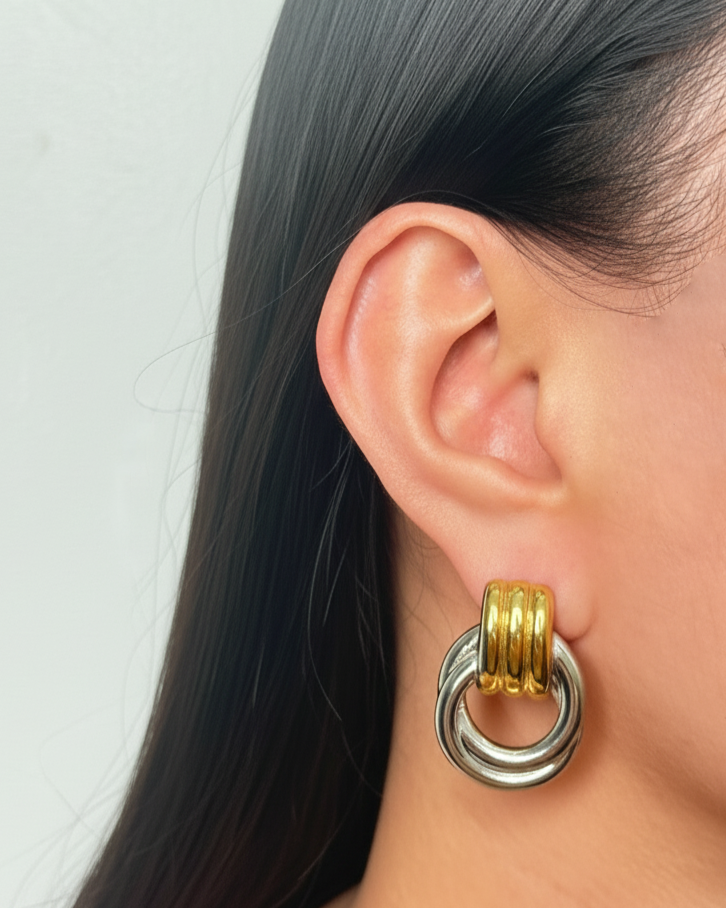 Syllira (Two Tone) Triple Layer Stacked Gold Stud Hoop Dual Silver Ring Dangle Door Handle Design Drop Earrings