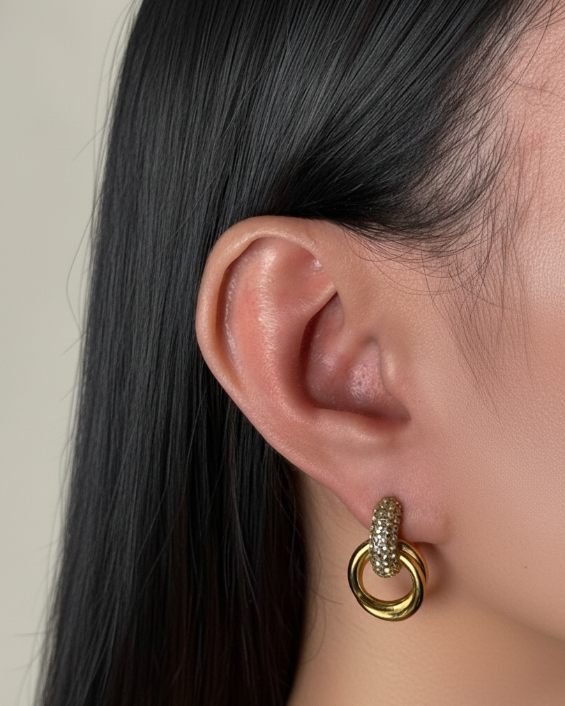 Sylvessa (Gold) Zircon Paved Thick C-Shaped Huggie Dual Ring Dangle Drop Earrings