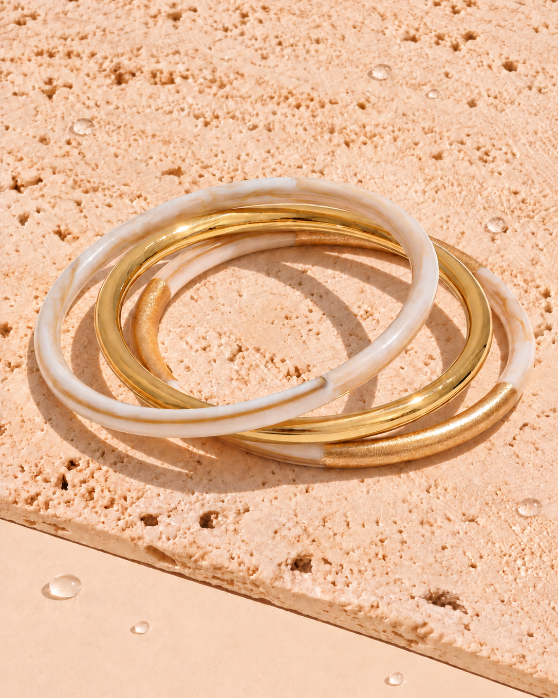 Taylor (Beige) 3 Bangles Bundle Set Light Round Beige Resin Stone Wash Design Gold Bangles