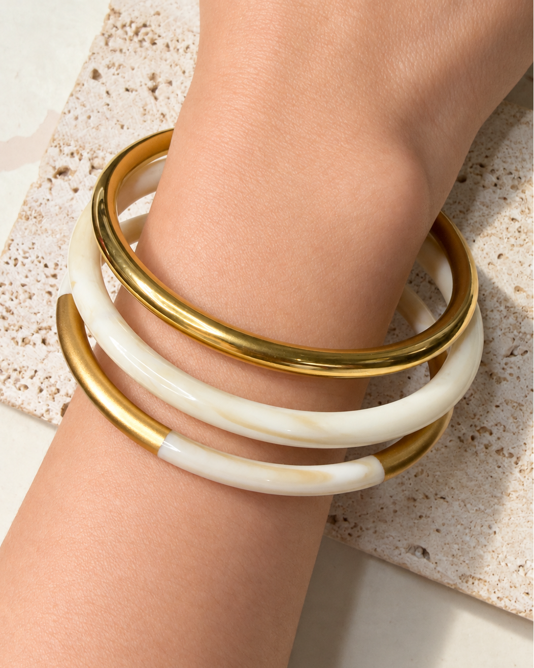 Taylor (Beige) 3 Bangles Bundle Set Light Round Beige Resin Stone Wash Design Gold Bangles