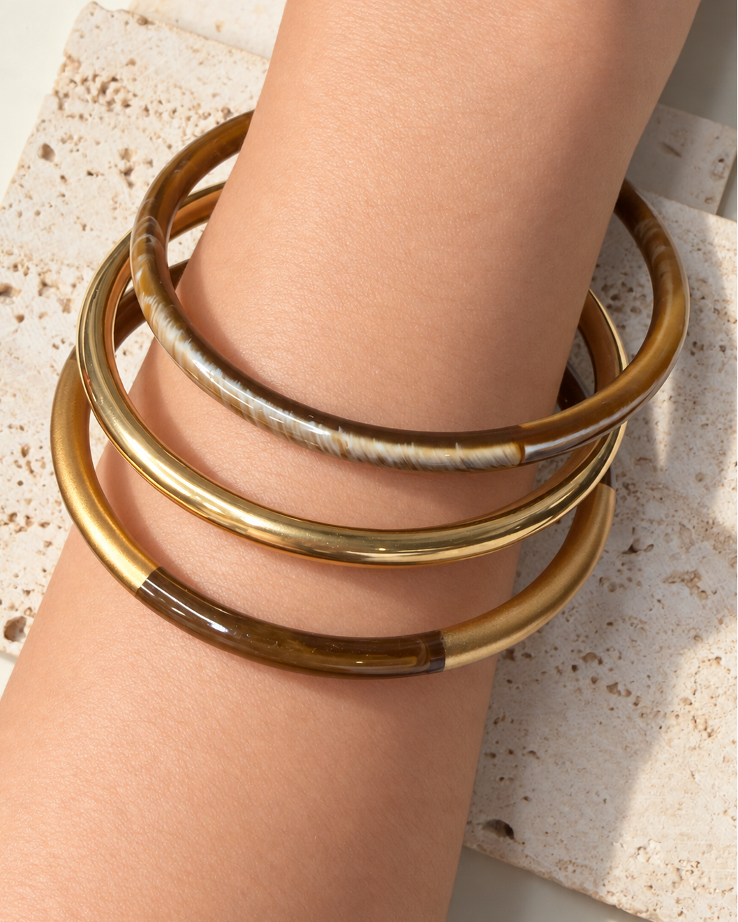 Taylor (Brown) 3 Bangles Bundle Set Light Round Brown Resin Stone Wash Design Gold Bangles