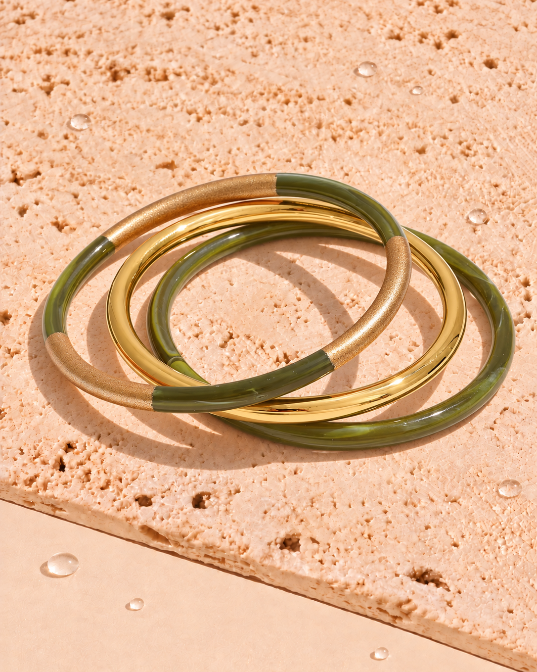 Taylor (Green) 3 Bangles Bundle Set Light Round Green Resin Stone Wash Design Gold Bangles