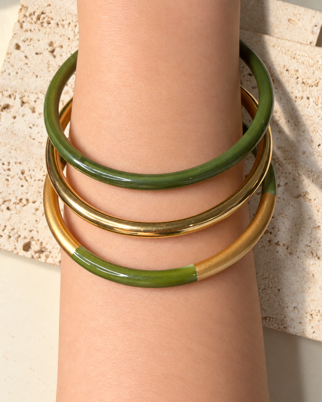 Taylor (Green) 3 Bangles Bundle Set Light Round Green Resin Stone Wash Design Gold Bangles