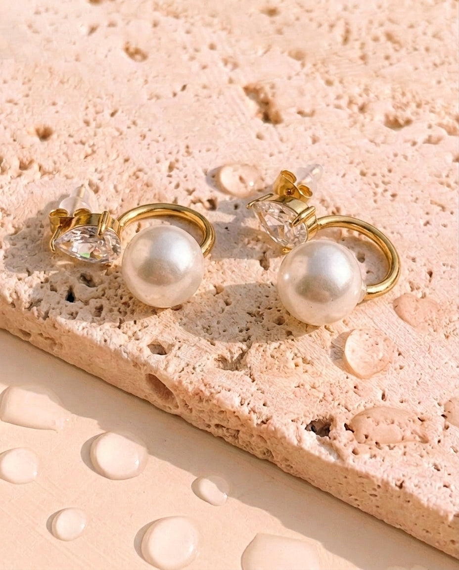 Teagan Pearl Stud Floating Zircon Waterdrop Shaped Design Gold Drop Earrings