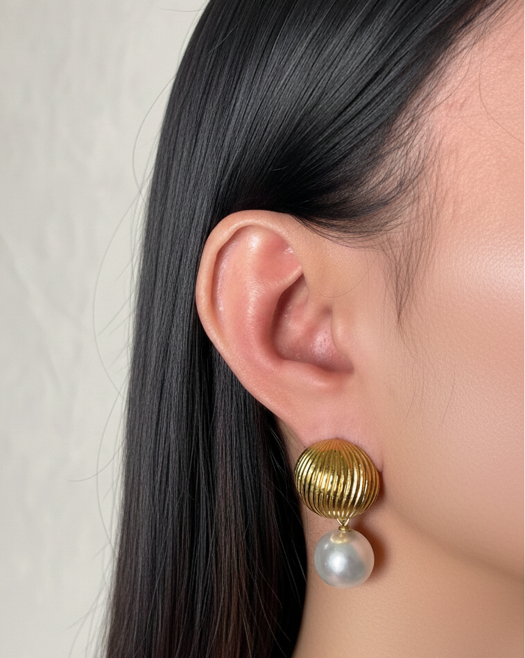Telsyn Grid Textured Half Round Ball Gold Stud Round Pearl Drop Earrings