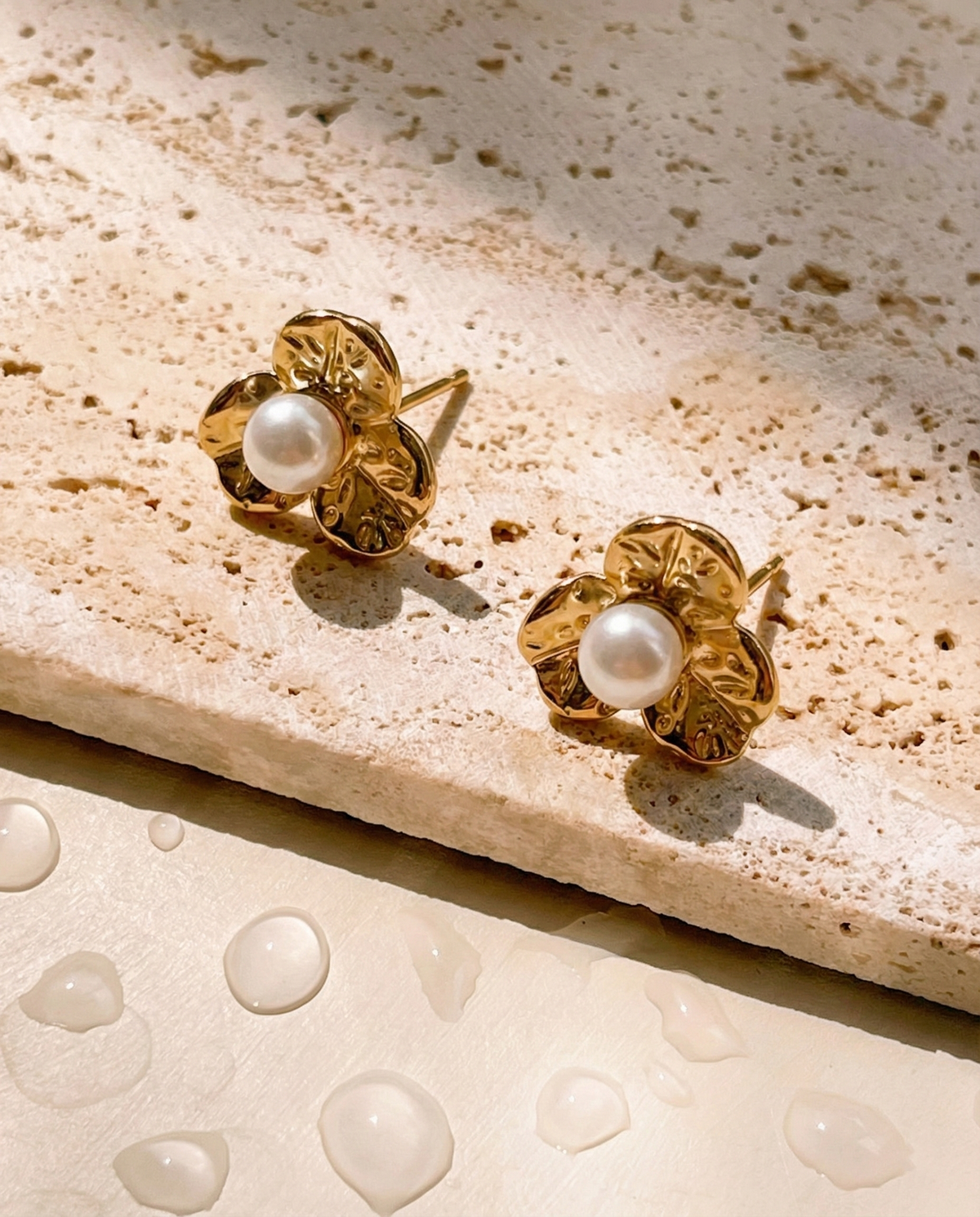 Thessa Tri Petal Flower Leaf Large Pearl Pollen Design Gold Stud Earrings