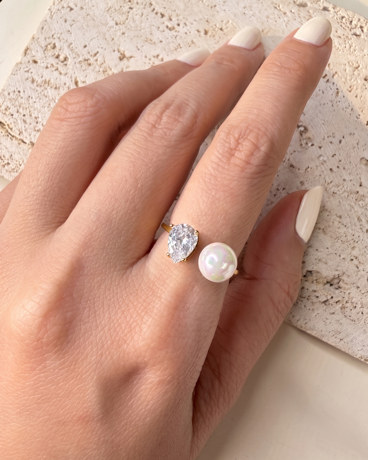 Tibby Dual Top Head Round Pearl Zircon Waterdrop Shaped Open Design Gold Open Ring