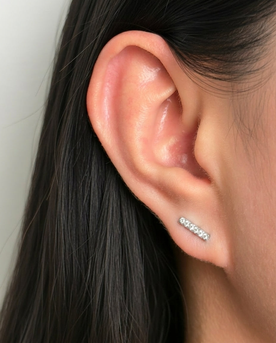 Vivia (Silver) Bar Shaped Rounded Zircon Paved Silver Stud Earrings