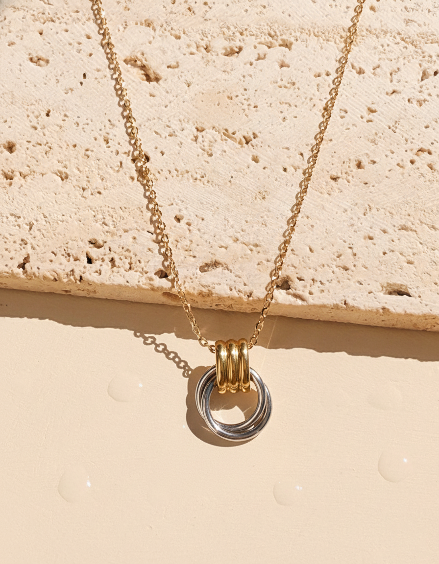 Wymara Two Tone Interlocking Stacked Gold Ring Dual Silver Rings Paved Door Handle Design Pendant Classic Link Chain Gold Necklace