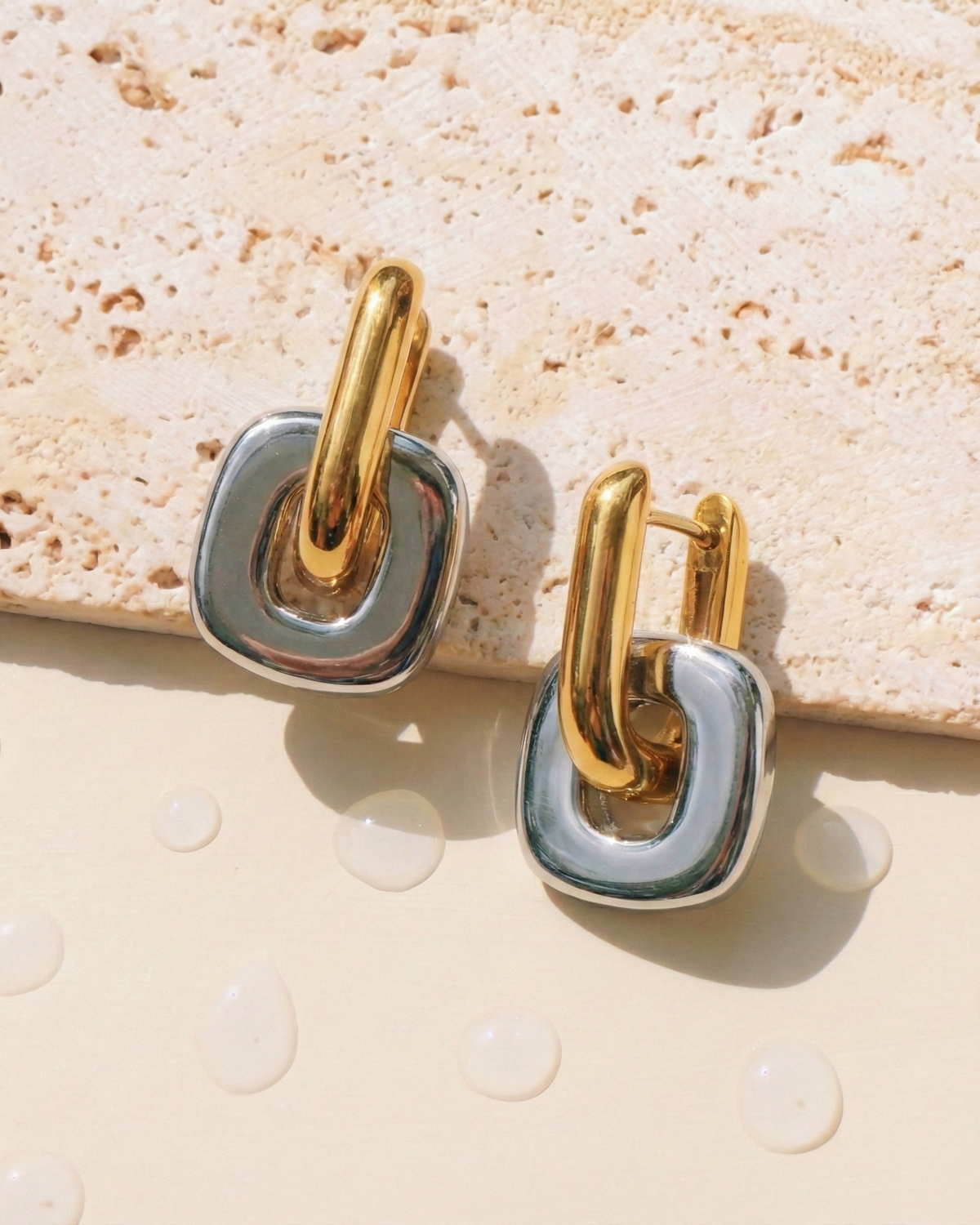 Xyra Two Tone Stacked Flat Wide Gold U-Shaped Hoop Silver Rounded Square Design Drop Earrings