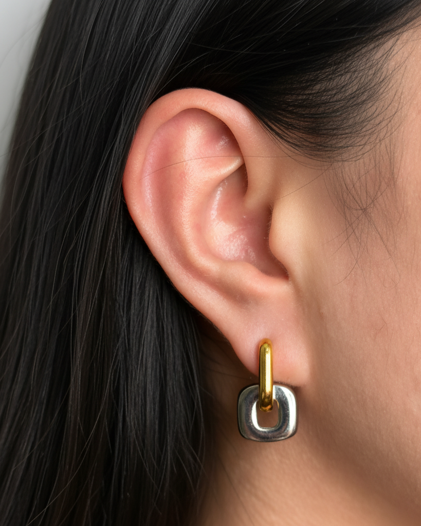 Xyra Two Tone Stacked Flat Wide Gold U-Shaped Hoop Silver Rounded Square Design Drop Earrings