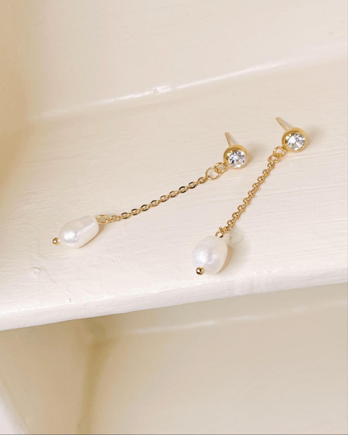 Harper Round Zircon Stud Chain Baroque Freshwater Pearl Drop Dangle Earrings