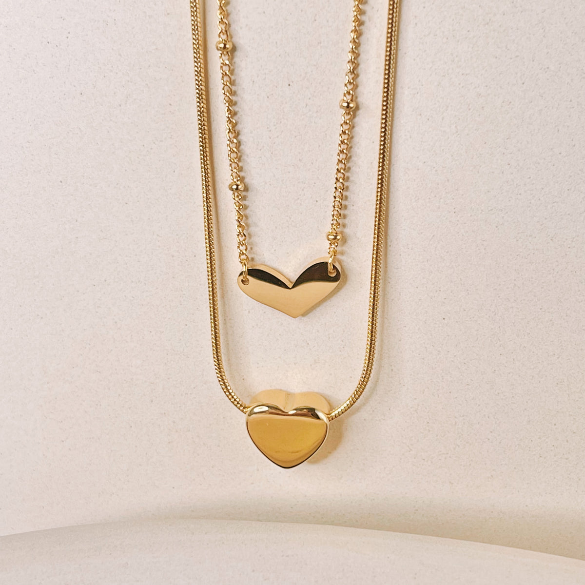 Emersyn Two Heart Pendants Double Layer Snake Curb Chain Gold Necklace